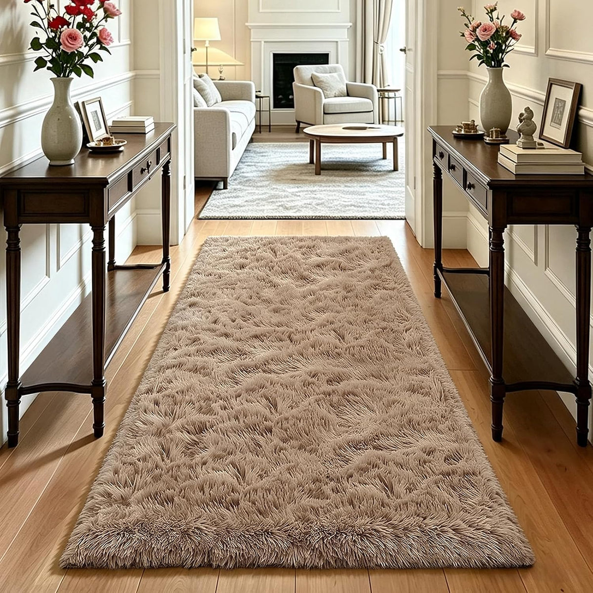 Mottled Beige 9x12 Area Rugs for Living Room, Fluffy Shag Rug Large Carpet