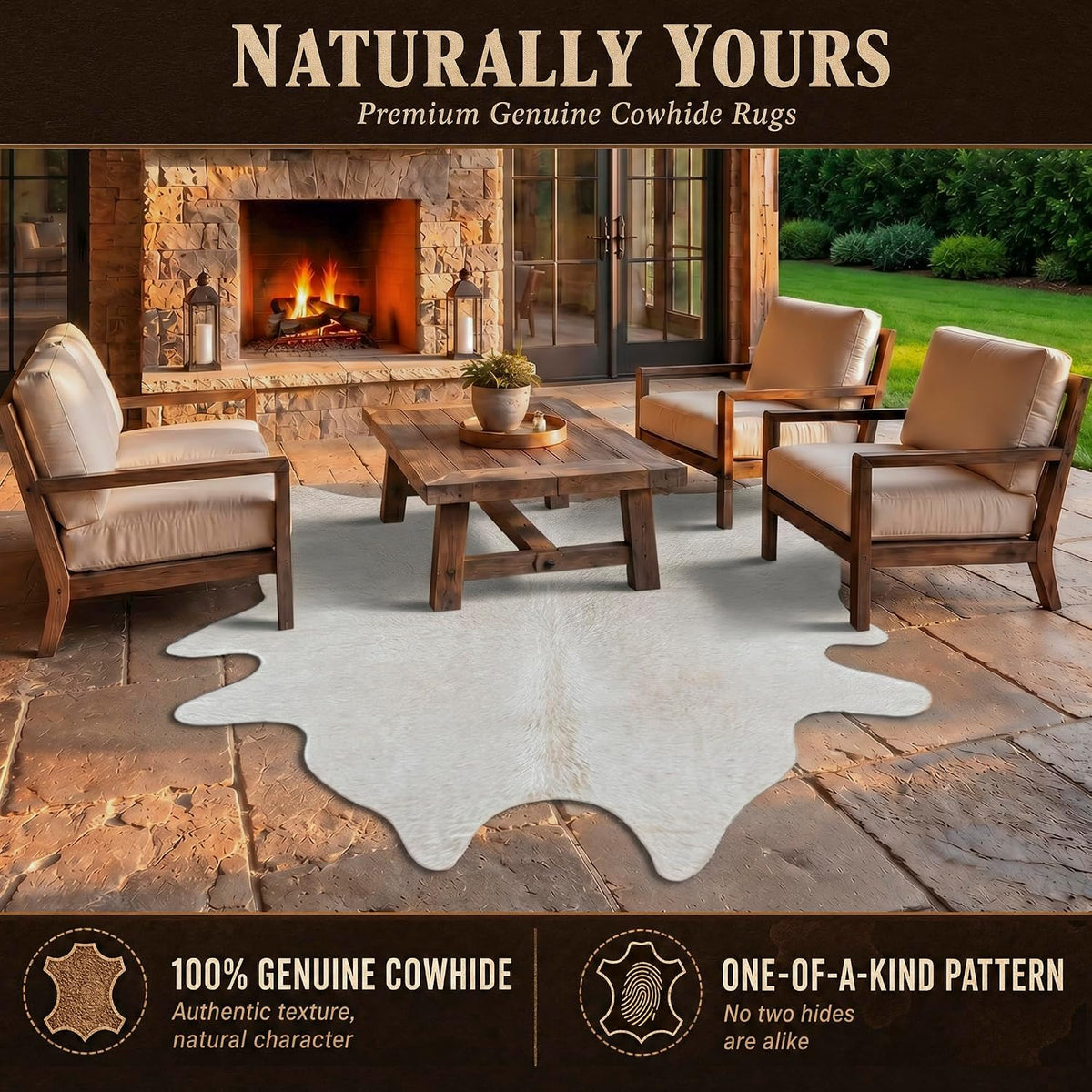 Natural Geneva Cowhide Area Rug, Off-White, 6 ft x 7 ft