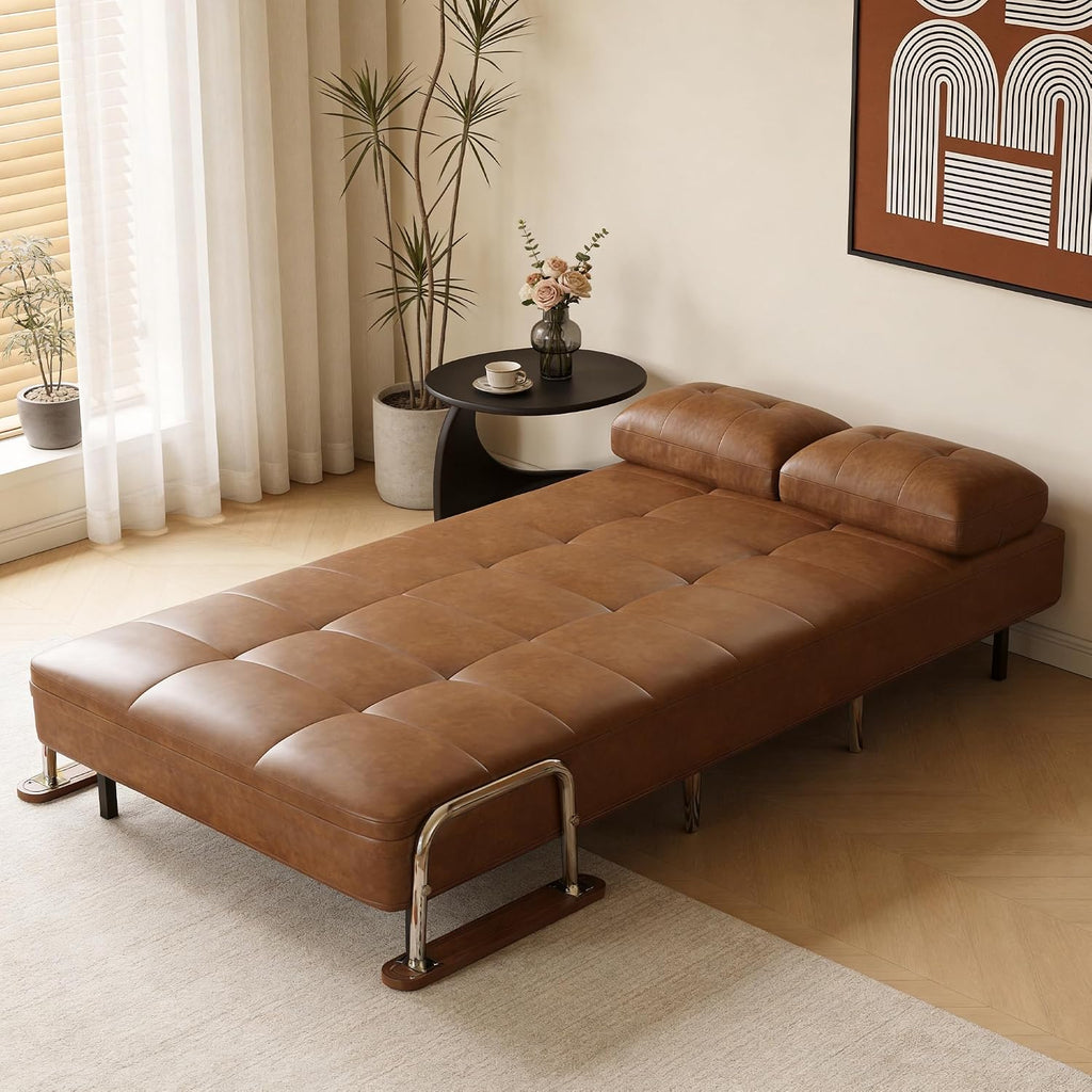 39.4" Brown Faux Leather Futon Sofa Bed Metal Legs Apartment