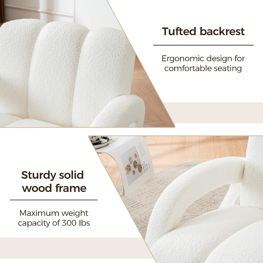 Mid Century Modern Accent Chair Set of 2 with Solid Wood Frame, Upholstered Living Room Chairs with Thick Cushion, Boucle Tufted Armchair for Bedroom, Reading Room, Ivory