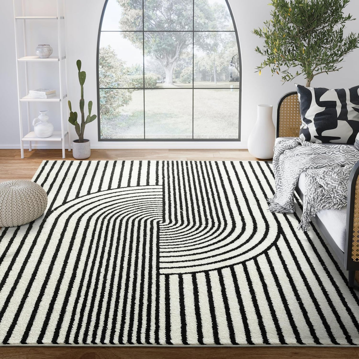 Abani Nuevo Collection Area Rug - Mid-Century Black & Ivory Arch Knot Design - 5' x