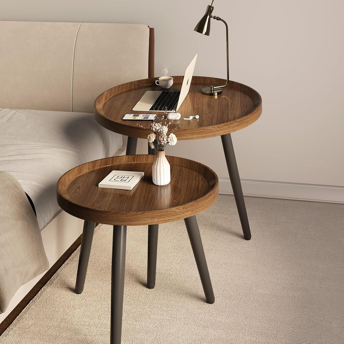 Walnut Round Nesting Coffee Table Set