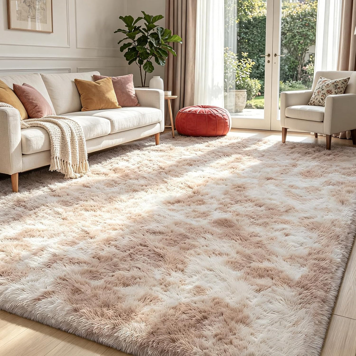 Mottled Beige 9x12 Area Rugs for Living Room, Fluffy Shag Rug Large Carpet
