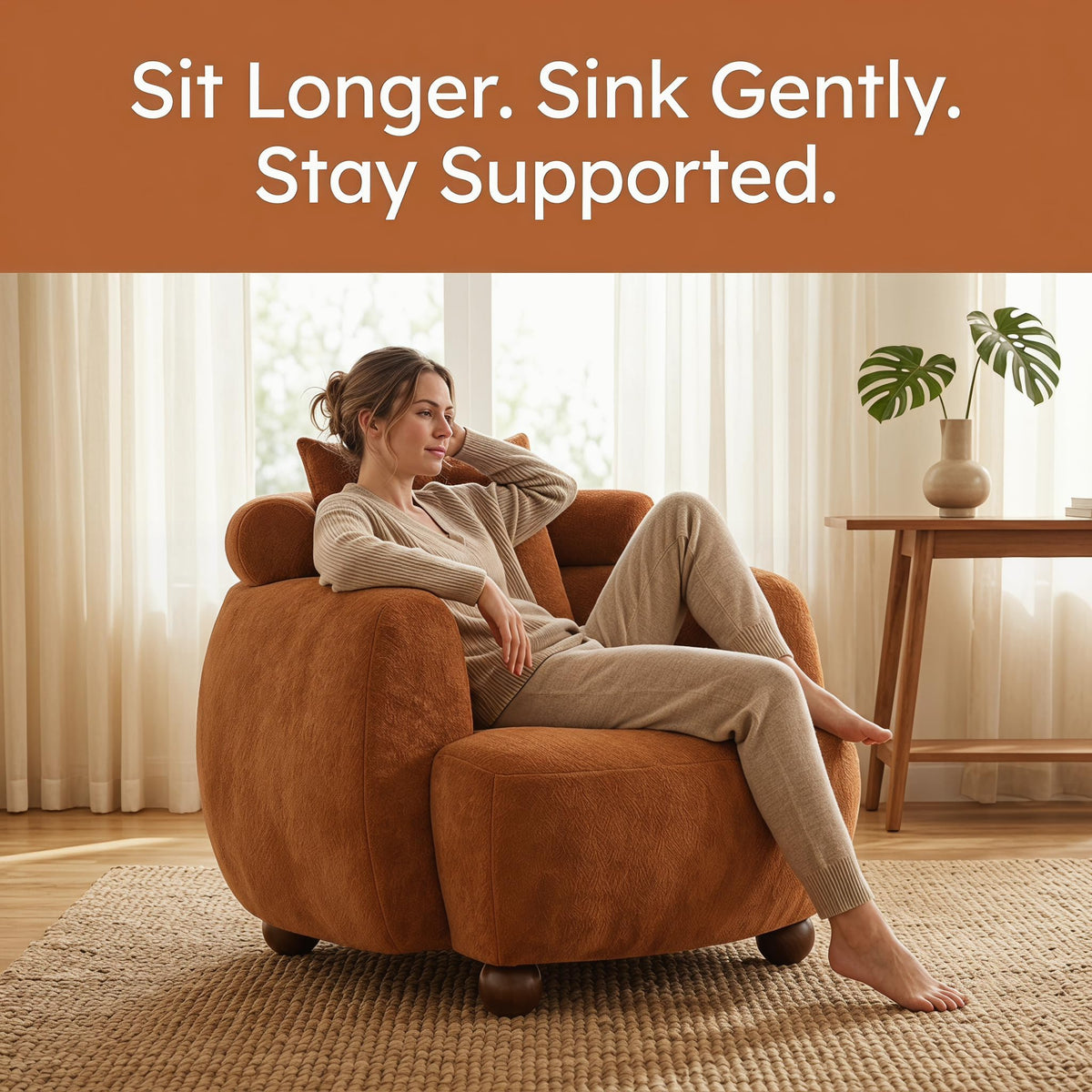 Compact 38in Solid American White Oak Fabric Nordic Style Lazy Chair Pillow for Living Room Home Office Relaxation