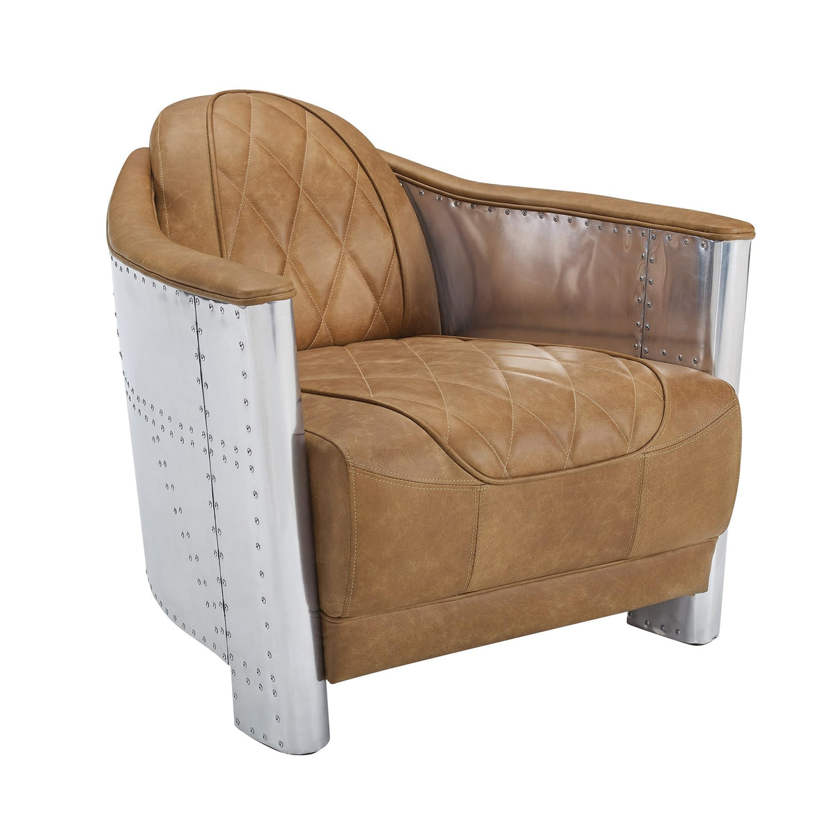 Volans Mid Century Modern Genuine Leather Accent Arm Chair with Vintage Aluminum