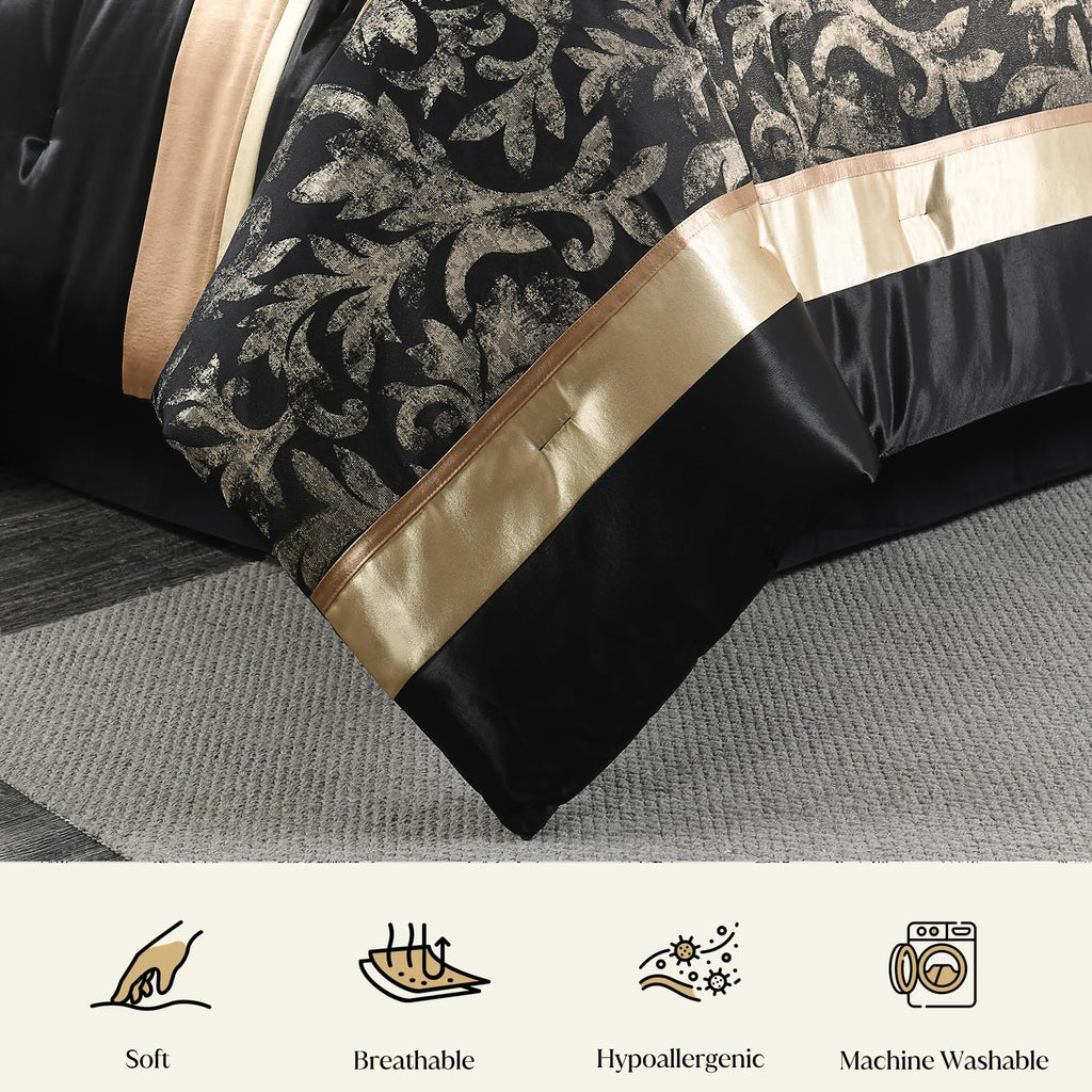 CozyDH Black Gold Jacquard Comforter Set California King, 7PCS Bed in a Bag