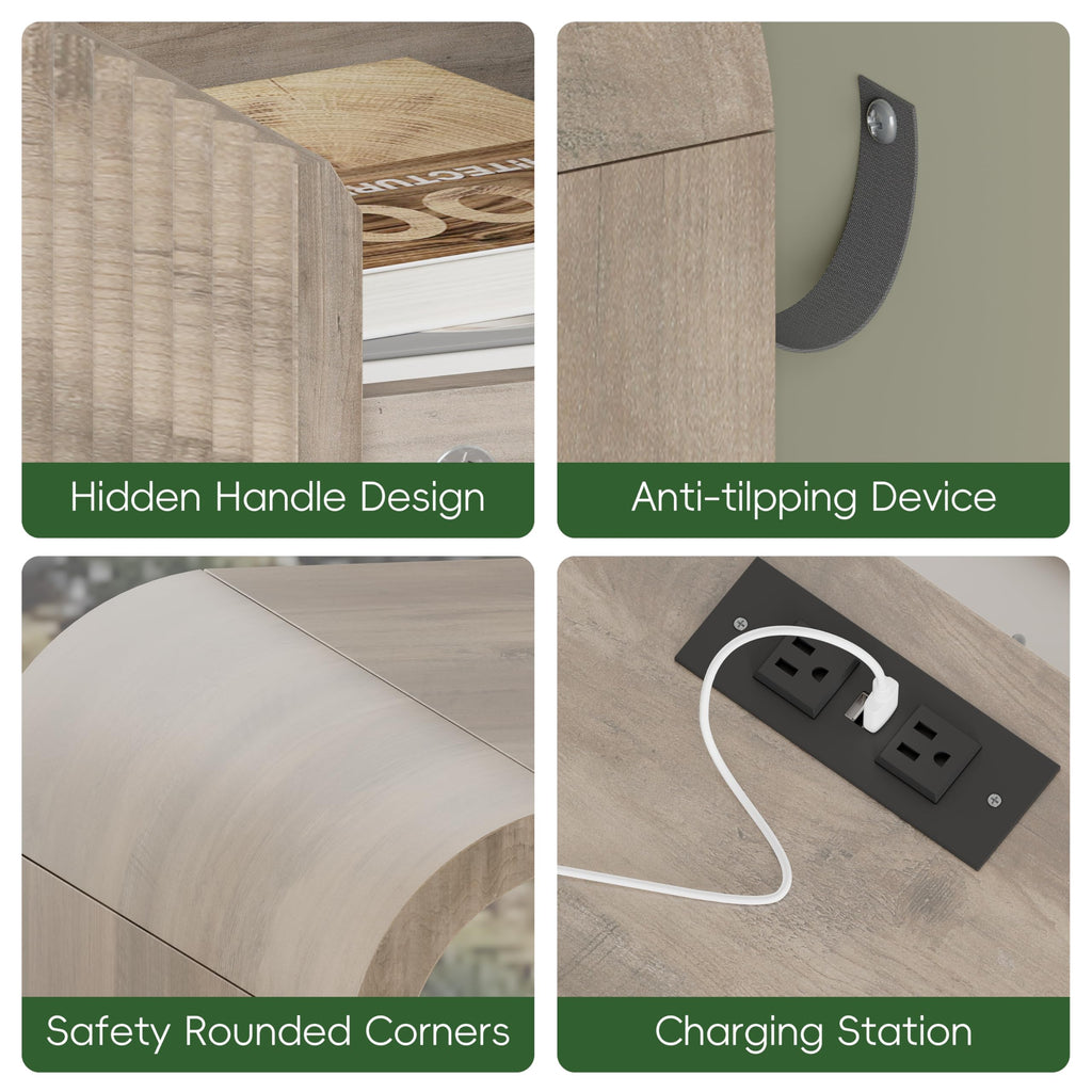 Fluted Nightstands with Charging Station, Set of 2