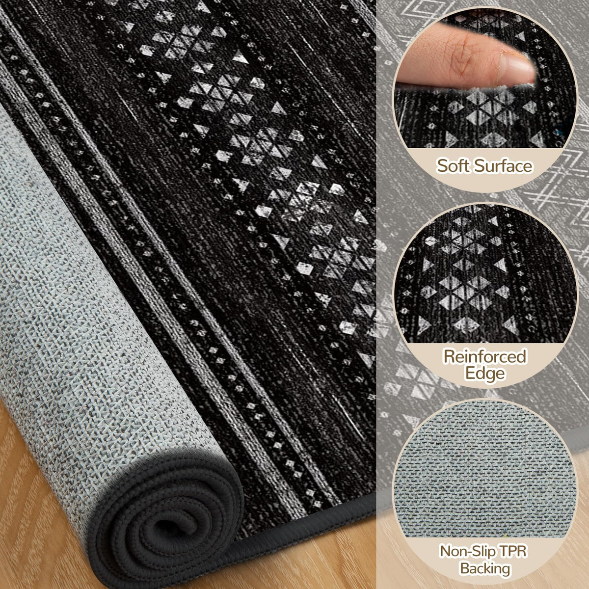 8x10 Washable Area Rugs for Living Room Boho Bedroom Rug Colorful/Black