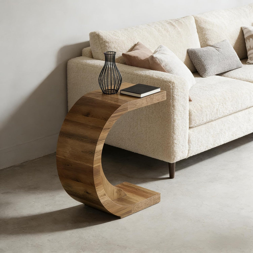 Rustic C-Shaped Solid Wood Side Table