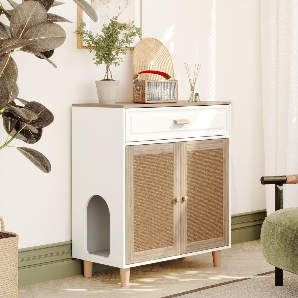 Cat Litter Box Enclosure Furniture Hidden Indoor 2-in-1 Wooden Cat & Washroom Cabinet with Scratching Board Doors and 3 Drawer for 2 Cats, 55"x20"x24"H