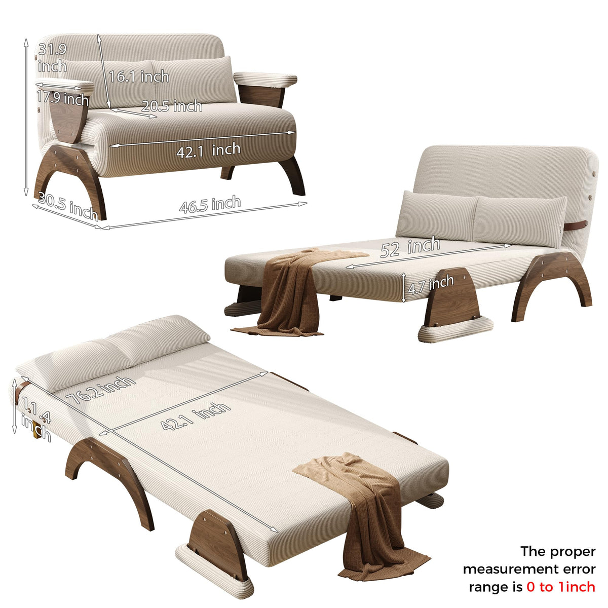 JASIWAY 47" 3-in-1 Convertible Sofa Sleeper Chair Bed for Adults, Futon