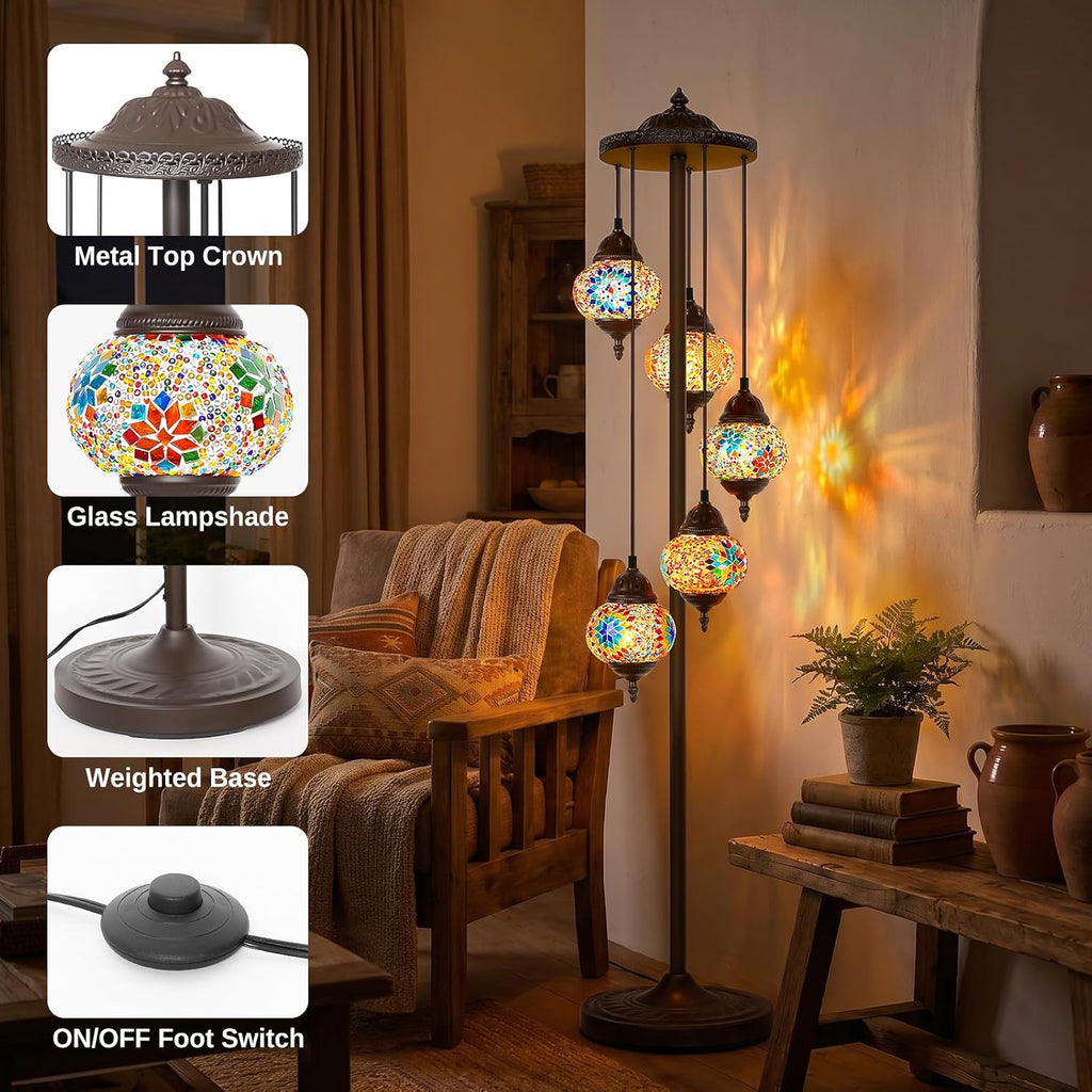 Turkish Mosaic Floor Lamp, 5 Globes Moroccan Lamp Stained Glass