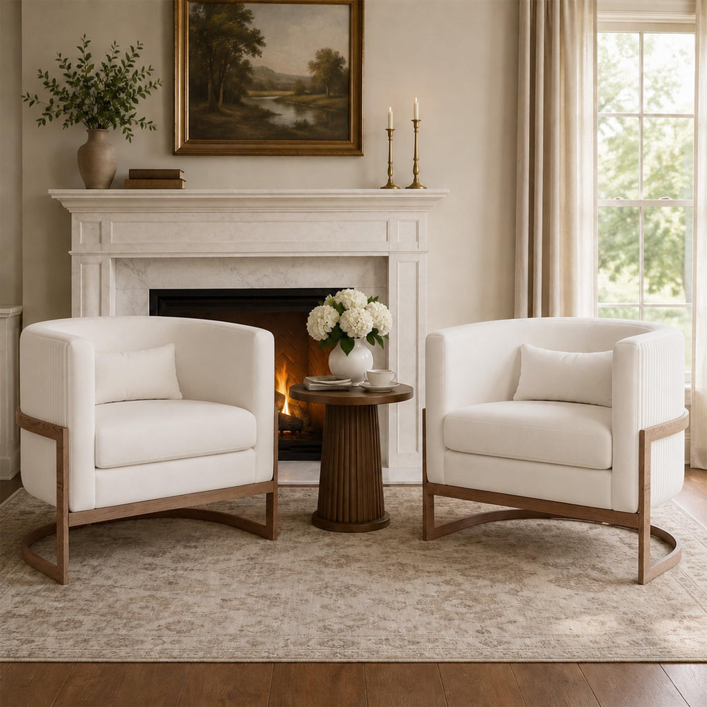 Velvet Accent Chair Ivory Modern Barrel Chair with Gold Legs