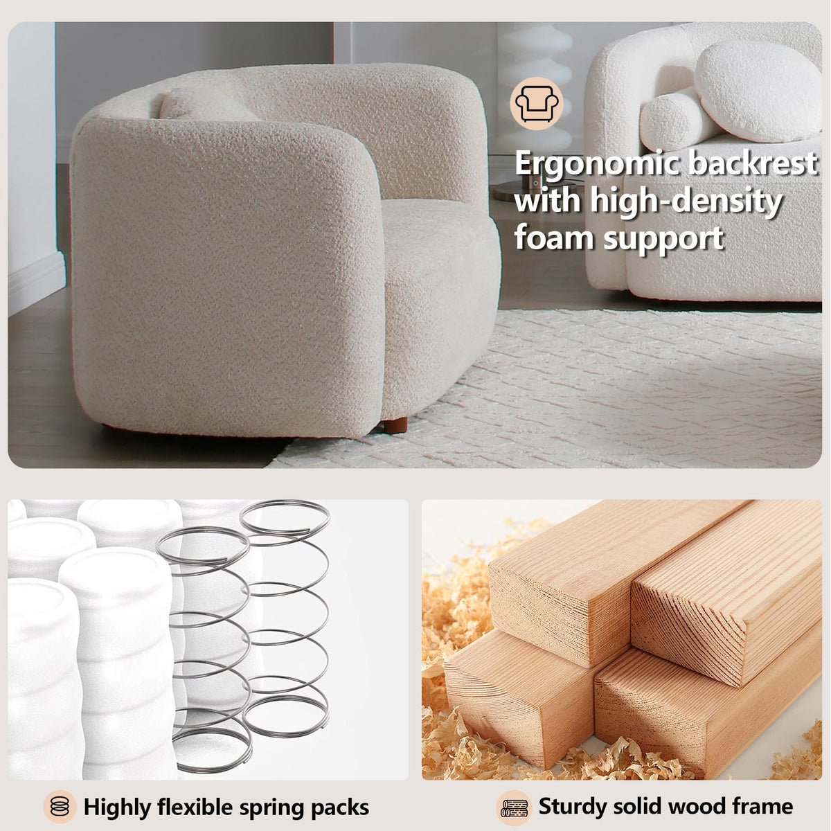 Oversized Boucle Accent Chair, Cream White Sherpa Wingback Chair