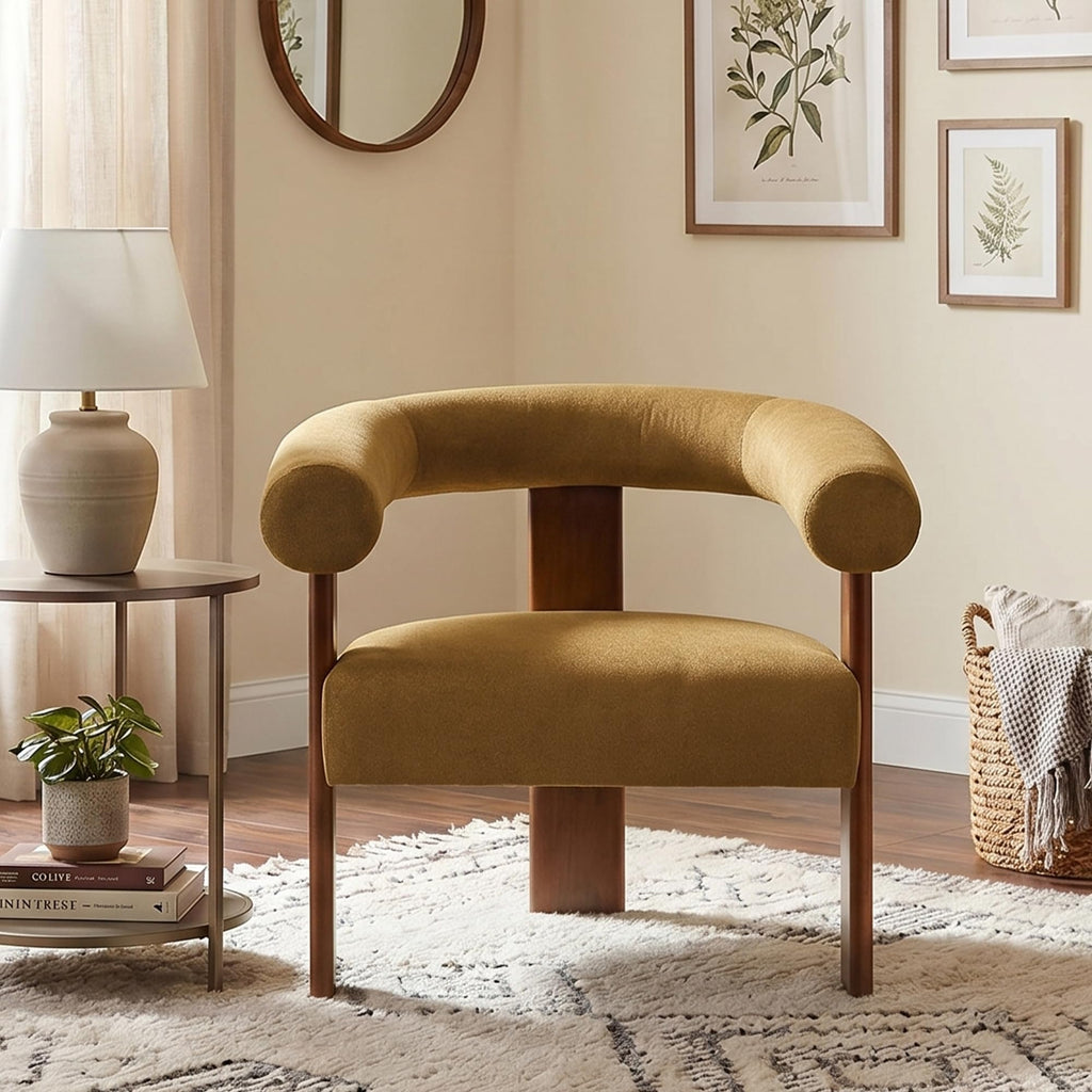 Usaint Upholstered Barrel Accent Chair with Walnut Wood Legs and Armrests
