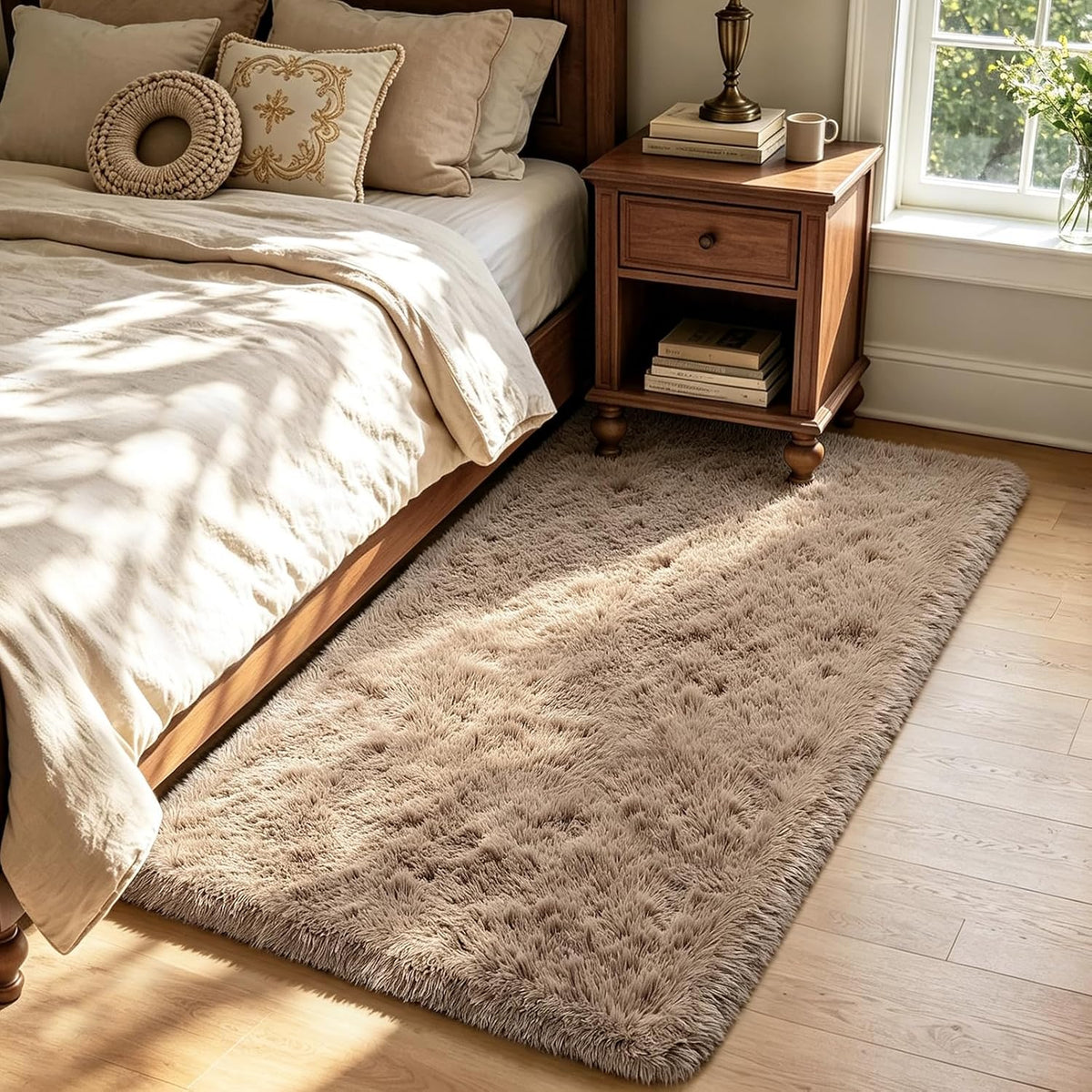 Mottled Beige 9x12 Area Rugs for Living Room, Fluffy Shag Rug Large Carpet