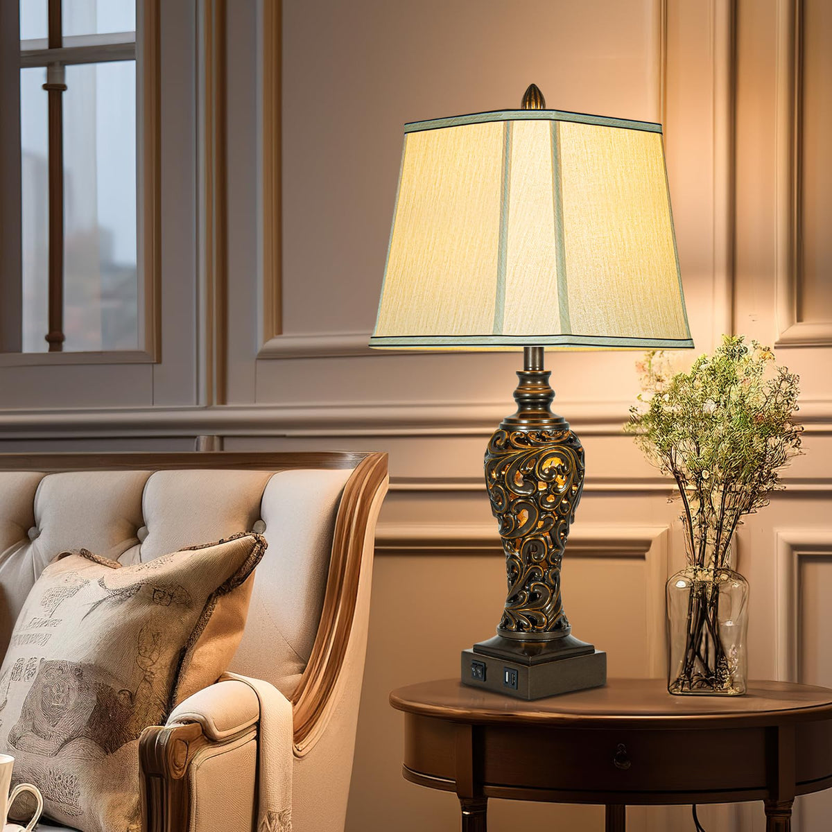 28.5" Farmhouse Table Lamp Set with Nightlights