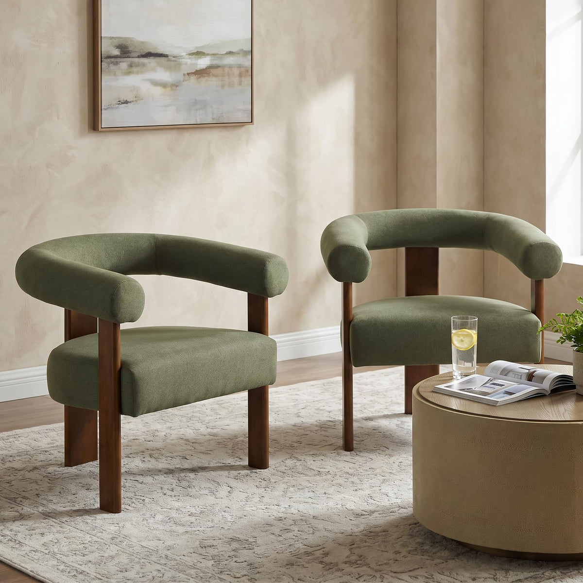 VKNOW Barrel Accent Chairs Set of 2 with Armrests and Rubberwood Legs