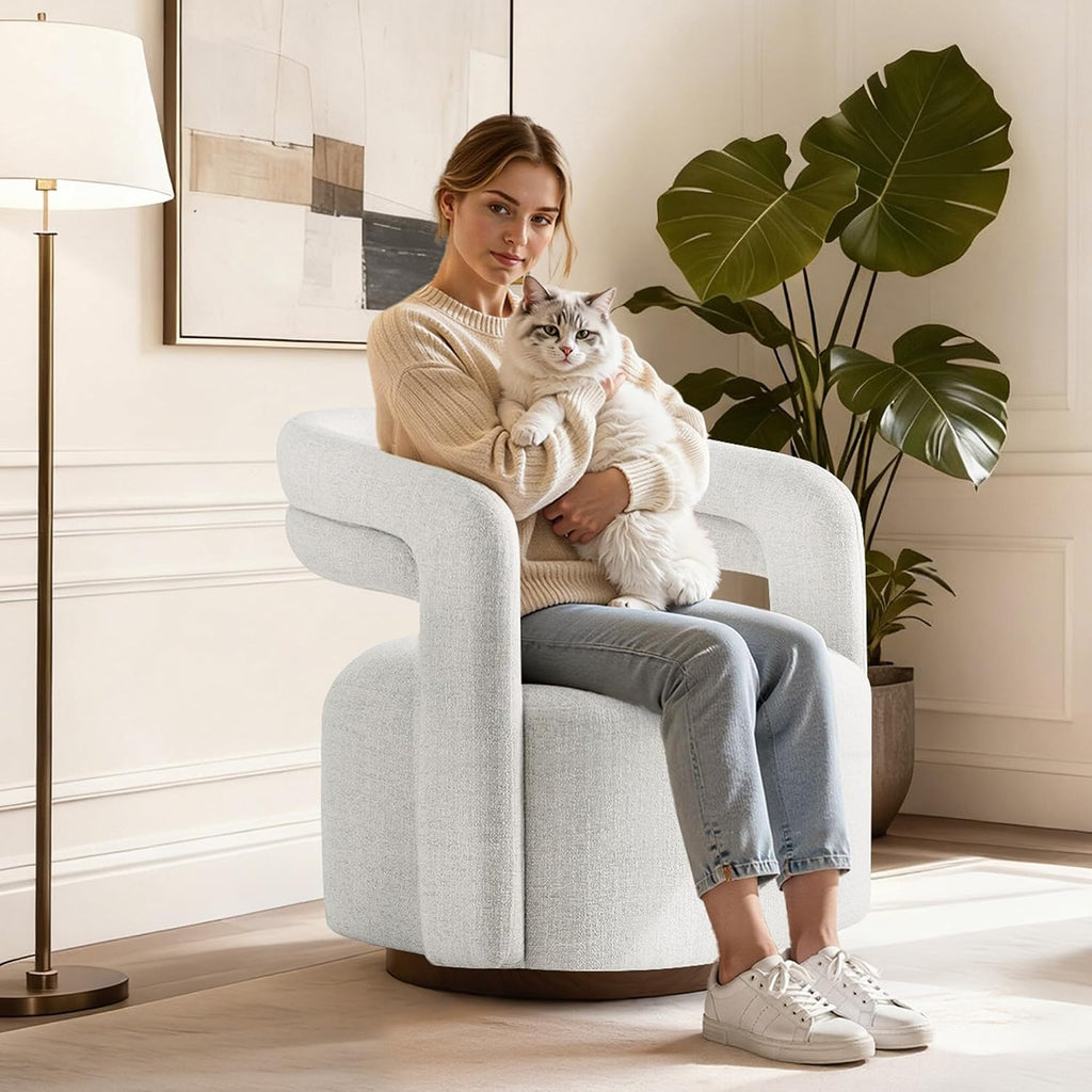 KISLOT, Swivel Accent Chair, Modern Arm Chair with Wooden Base, Cream