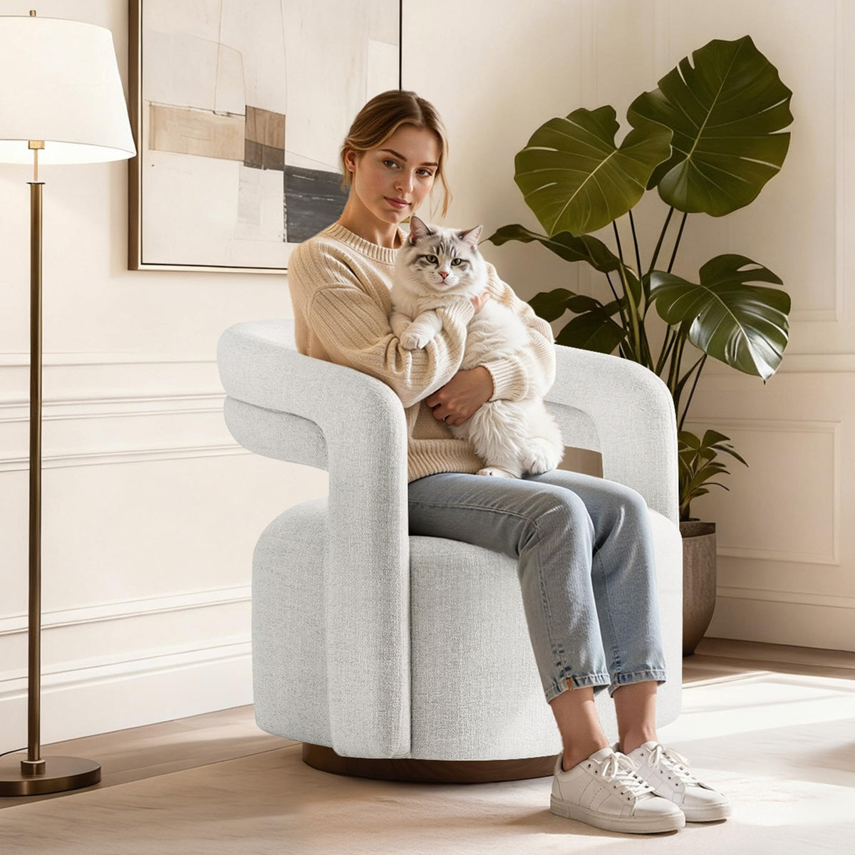 KISLOT, Swivel Accent Chair, Modern Arm Chair with Wooden Base, Cream