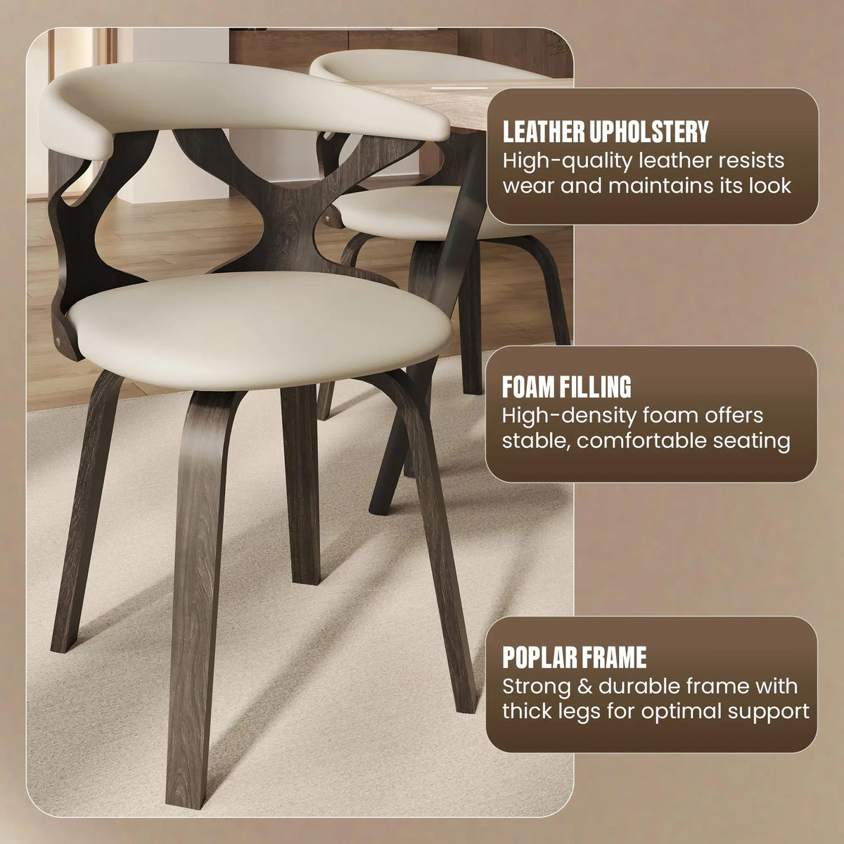 LeisureMod Klyne Leather Dining Chair with Poplar Wood Frame – Mid-Century Wooden