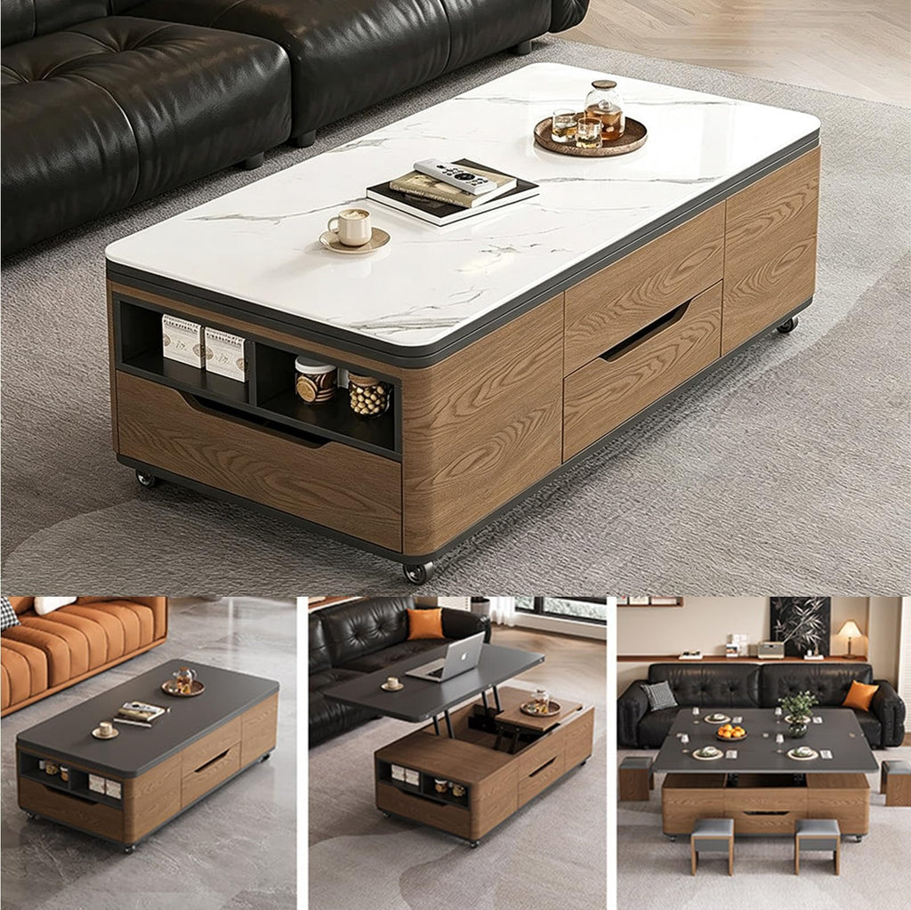 3‑in‑1 Lift‑Top Coffee‑Table with Storage Drawers & Rolling Casters