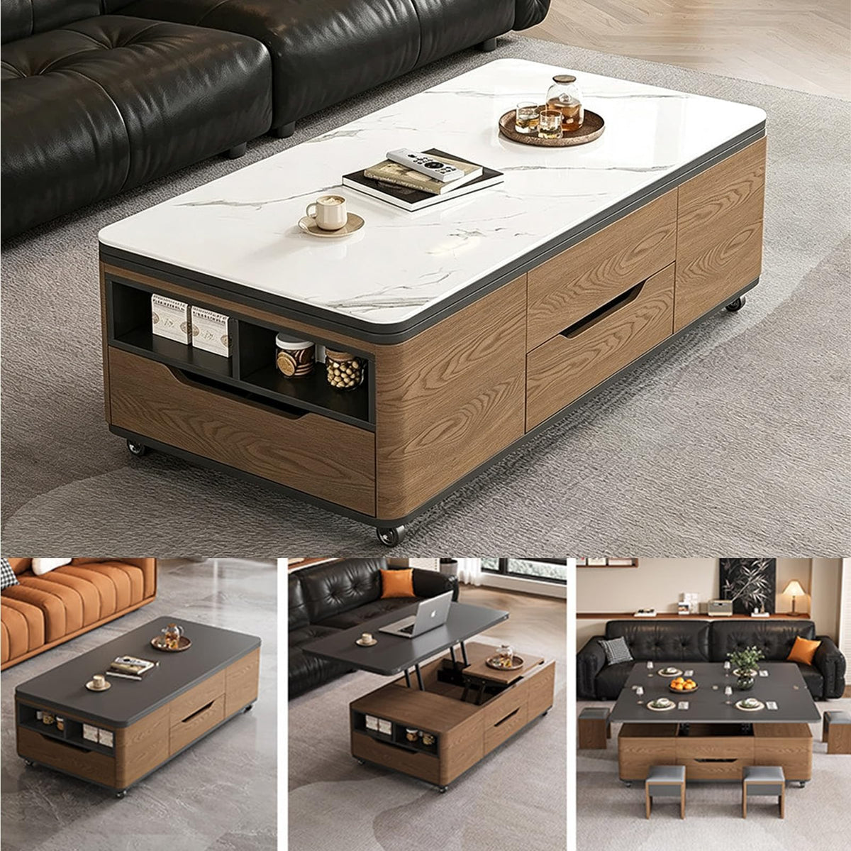 3‑in‑1 Lift‑Top Coffee‑Table with Storage Drawers & Rolling Casters