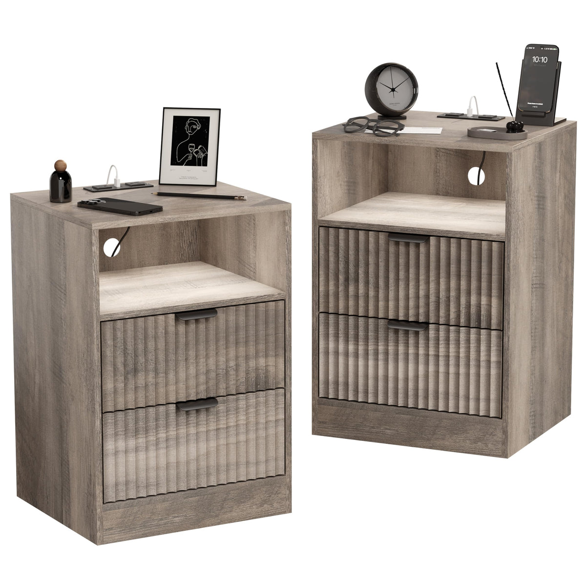 Fluted Nightstands with Charging Station, Set of 2