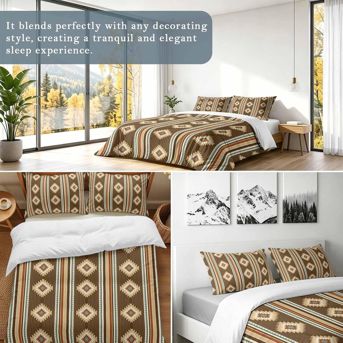 3 Pieces Duvet Cover Queen Bedding Sets Western Ethnic Brown Geometric Luxury Soft