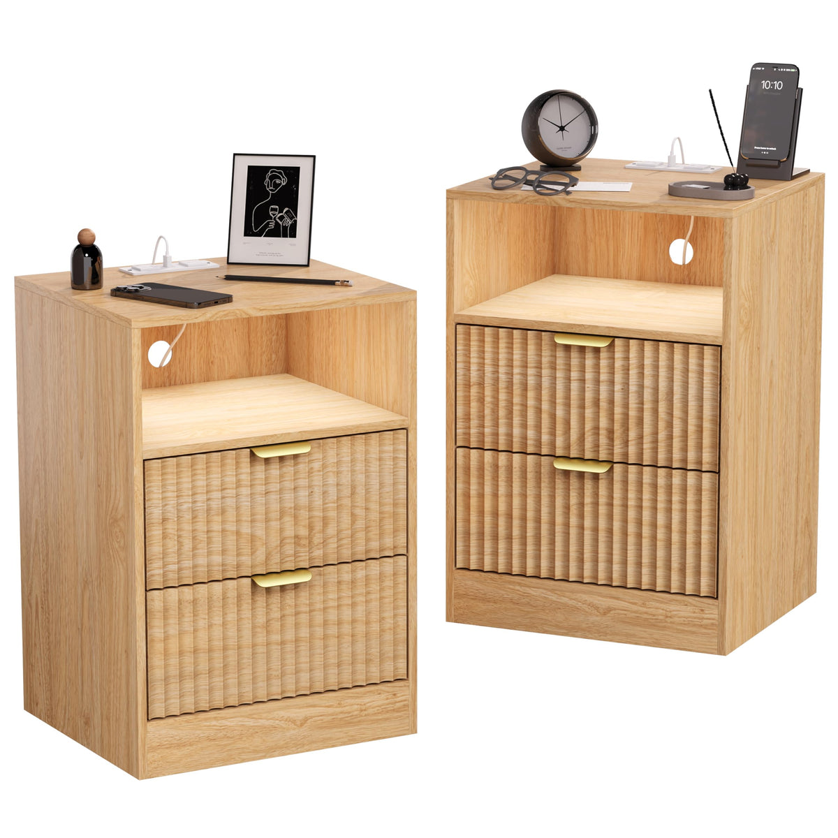 Fluted Nightstands with Charging Station, Set of 2