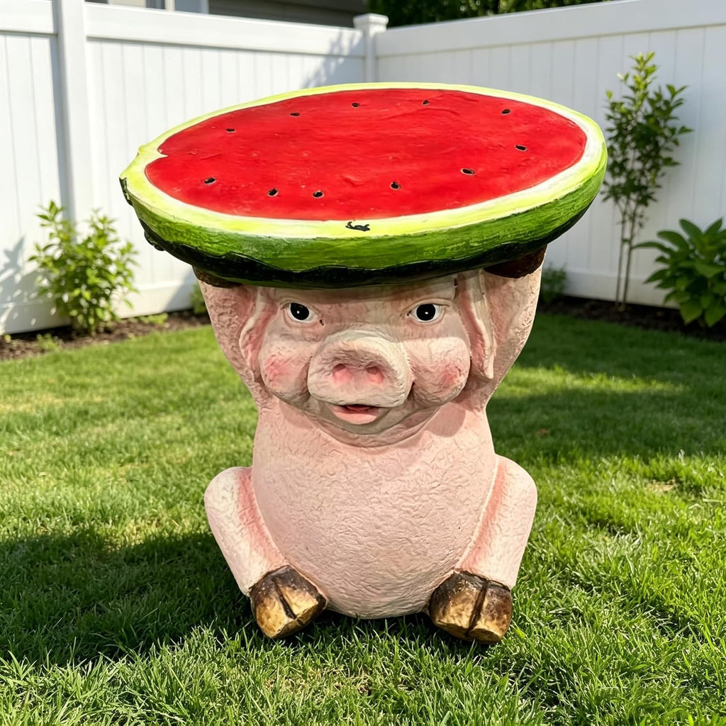 13.4" Cute Pig Side Table w/ Watermelon Top, Resin Plant Stand, Pink+Red