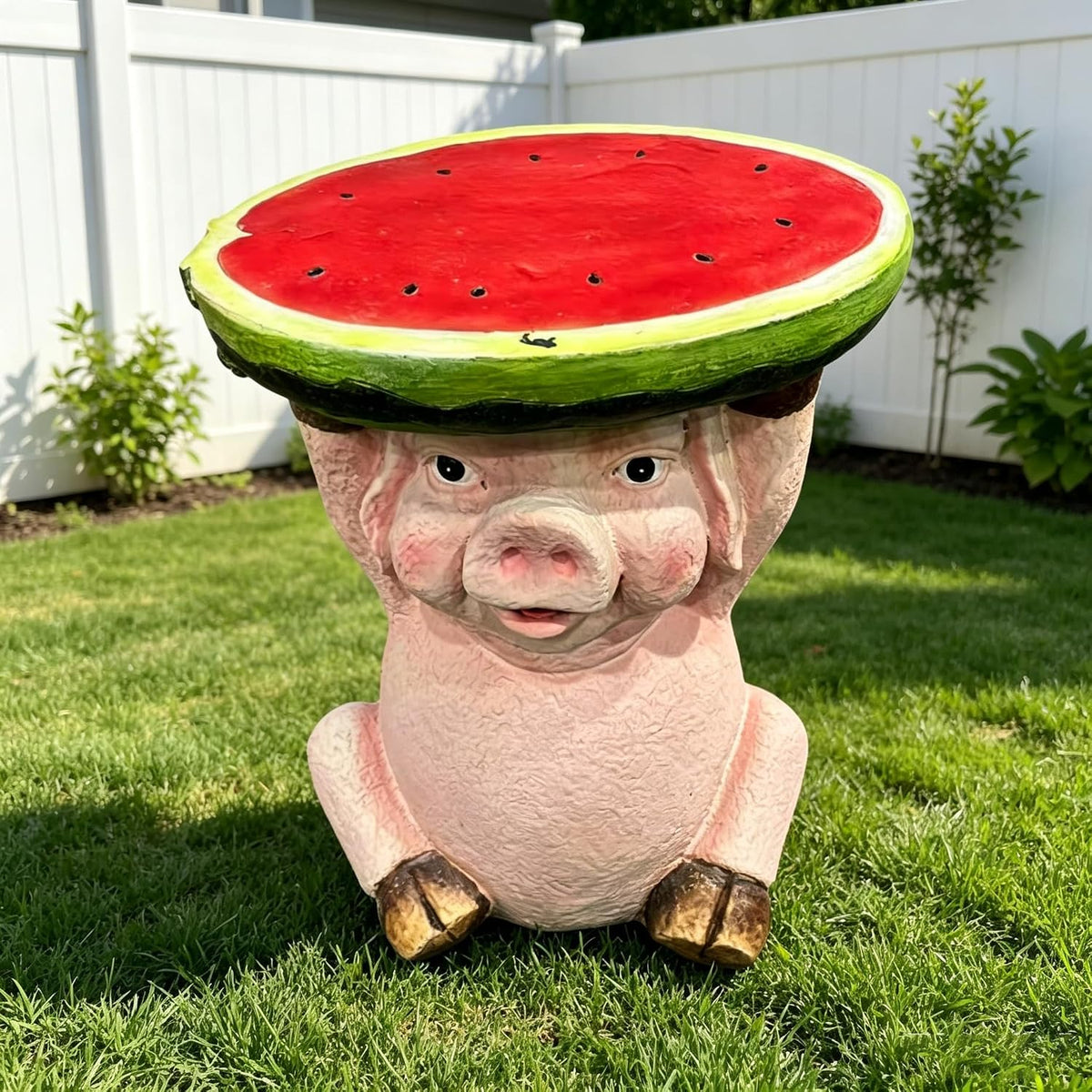 13.4" Cute Pig Side Table w/ Watermelon Top, Resin Plant Stand, Pink+Red