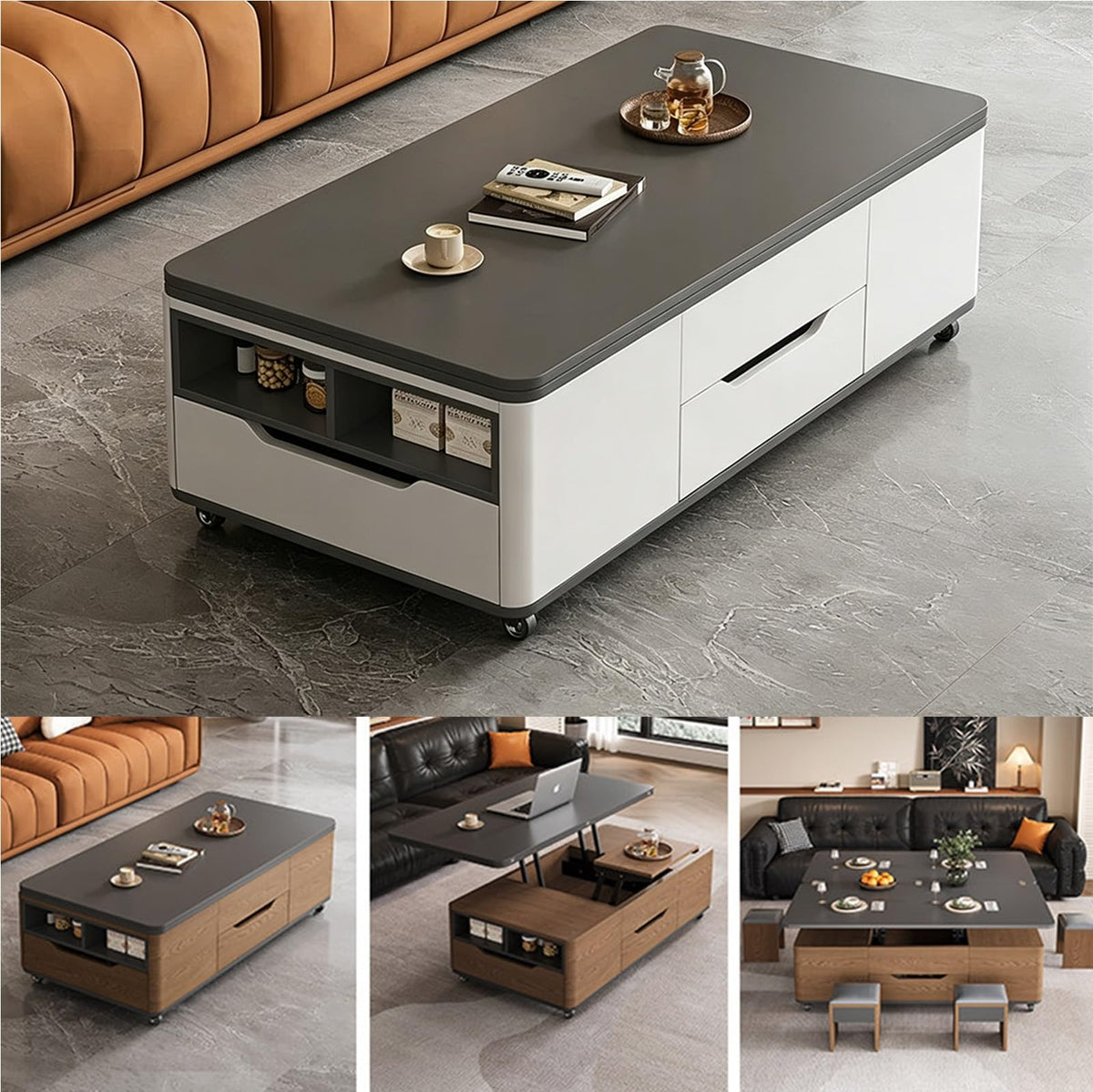 3‑in‑1 Lift‑Top Coffee‑Table with Storage Drawers & Rolling Casters