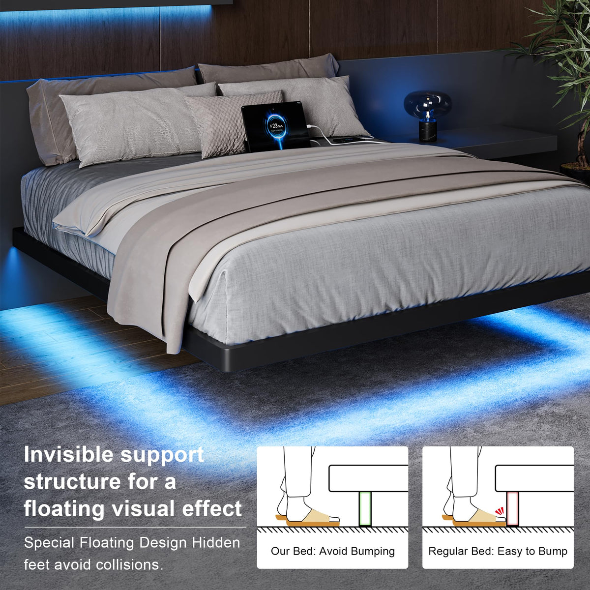 Feonase Full Size Floating Bed Frame with Charging Station and Led Lights