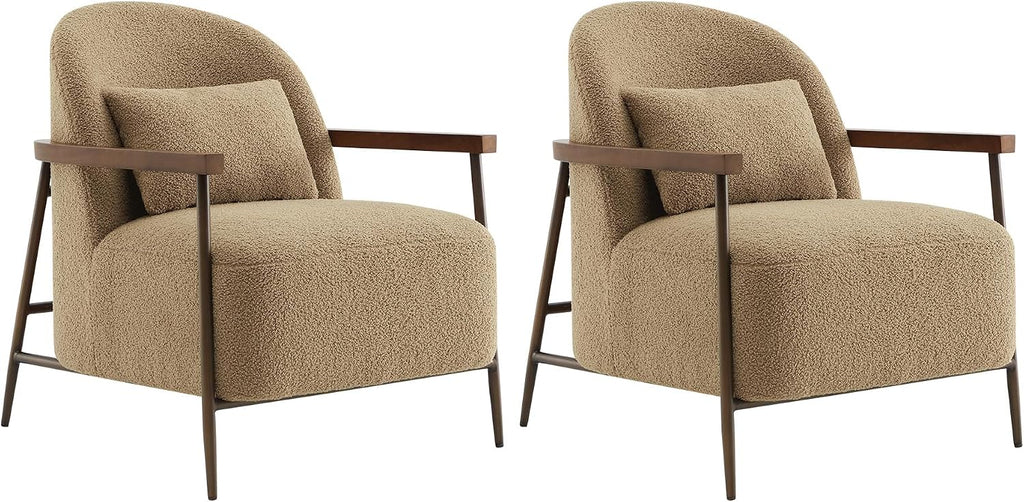 CHITA Accent Chair Set of 2, Sherpa Armchair with Wooden Armrest, Camel