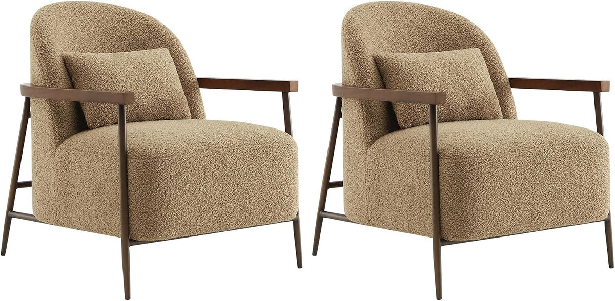 CHITA Accent Chair Set of 2, Sherpa Armchair with Wooden Armrest, Camel
