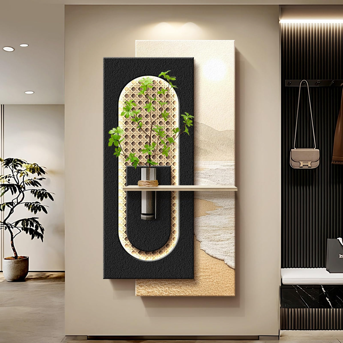 Large Sandstone Wall Art with Glass Vase Design