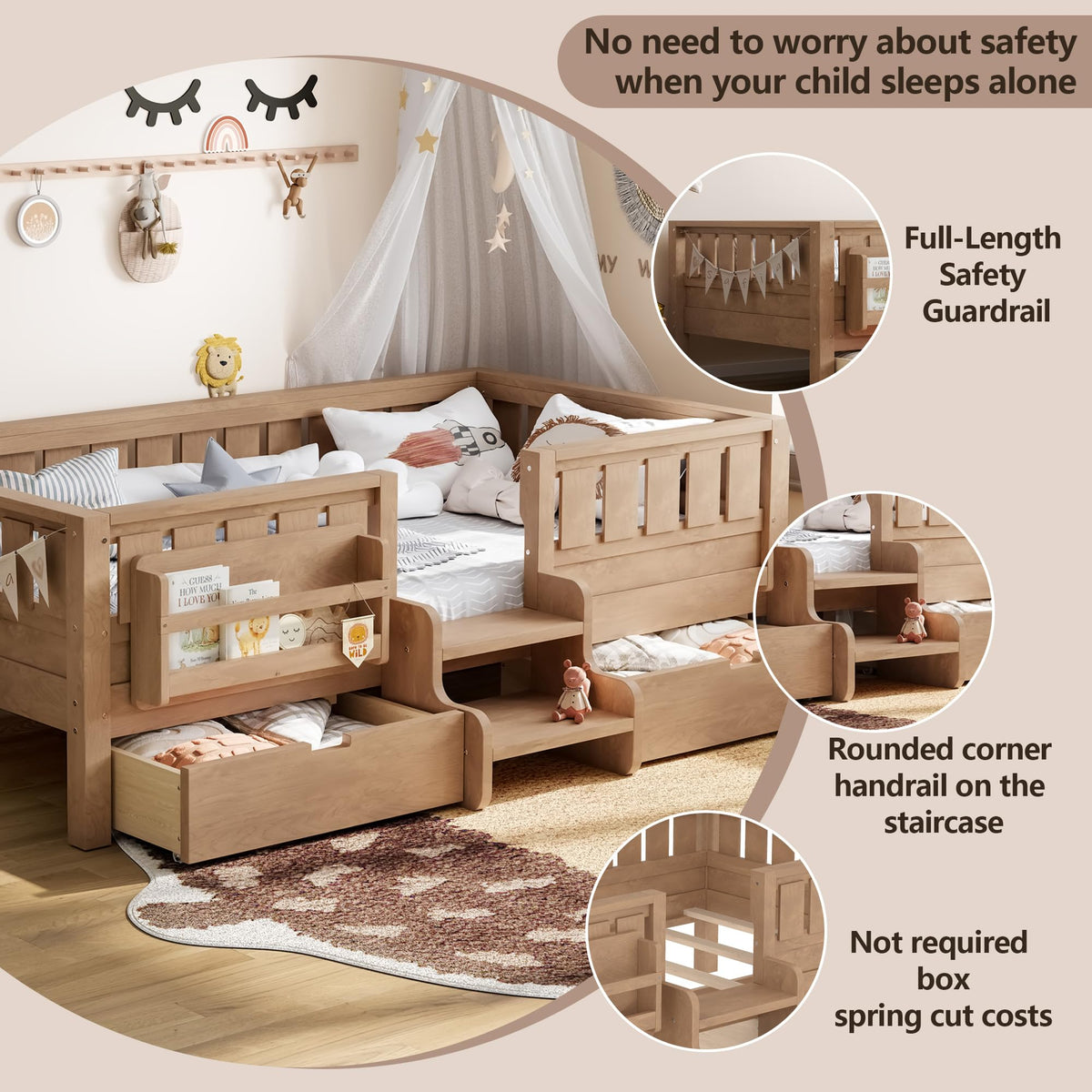 Montessori Bed with Stairs, Bookshelf & Storage Drawers