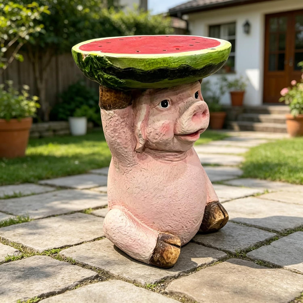 13.4" Cute Pig Side Table w/ Watermelon Top, Resin Plant Stand, Pink+Red