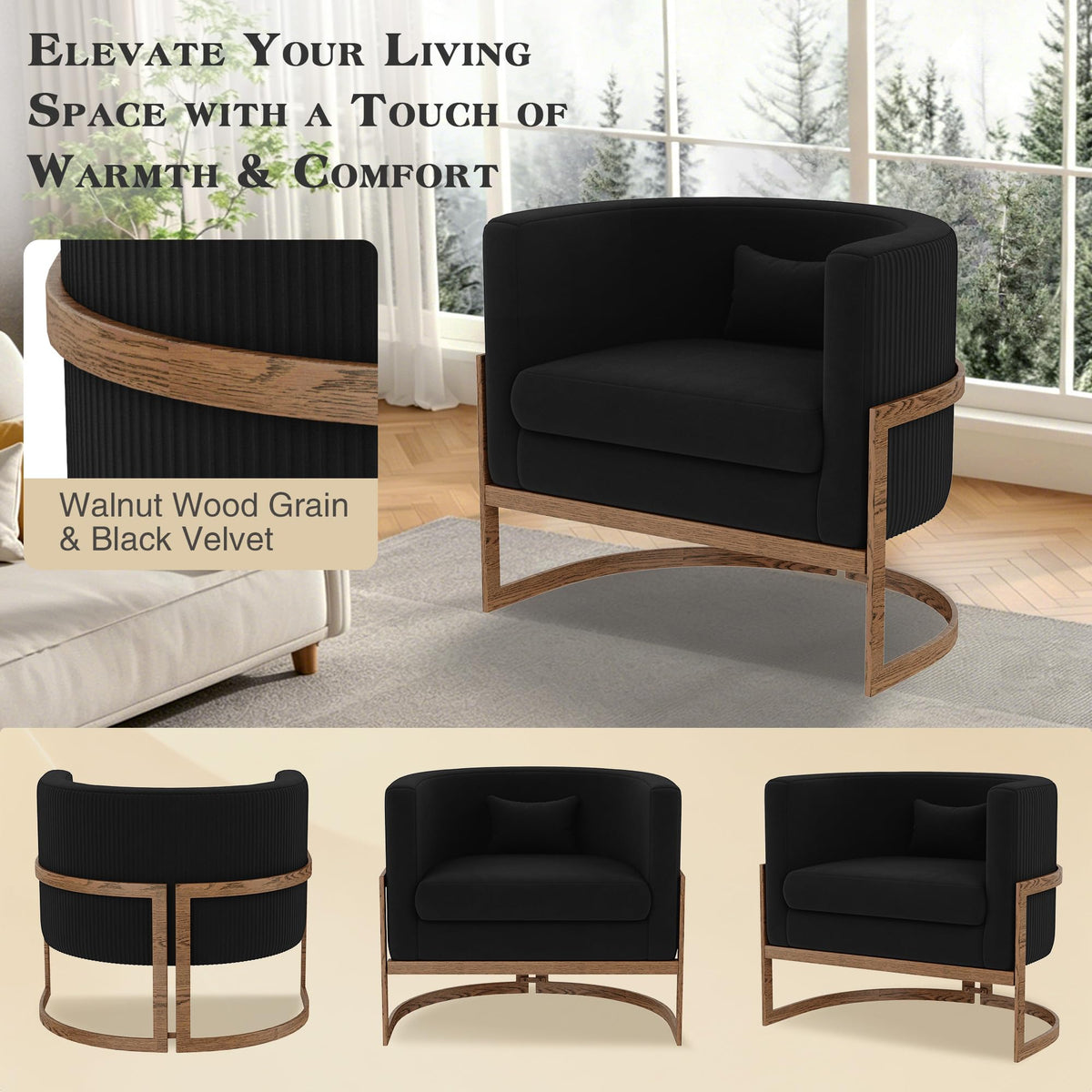 Velvet Accent Chair Ivory Modern Barrel Chair with Gold Legs