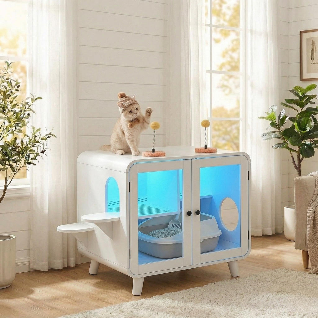 Cat Hidden Litter Box Enclosure with RGB LED Light, TV-Style Cat Litter Box Furniture Cabinet with Glass Doors, Side Stairs, Litter Leak Walkway & Pom-Pom Toys, Cat House Washroom, Beige