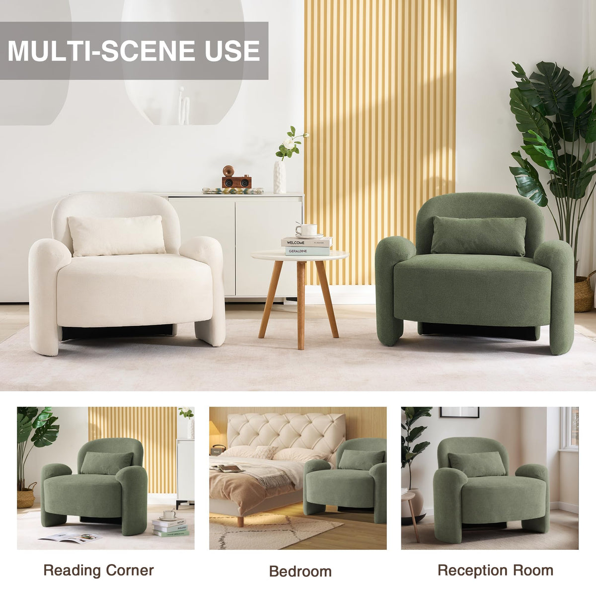 LOULENS Accent Chair Set of 2, Linen Fabric Lounge Armchair, Yellow