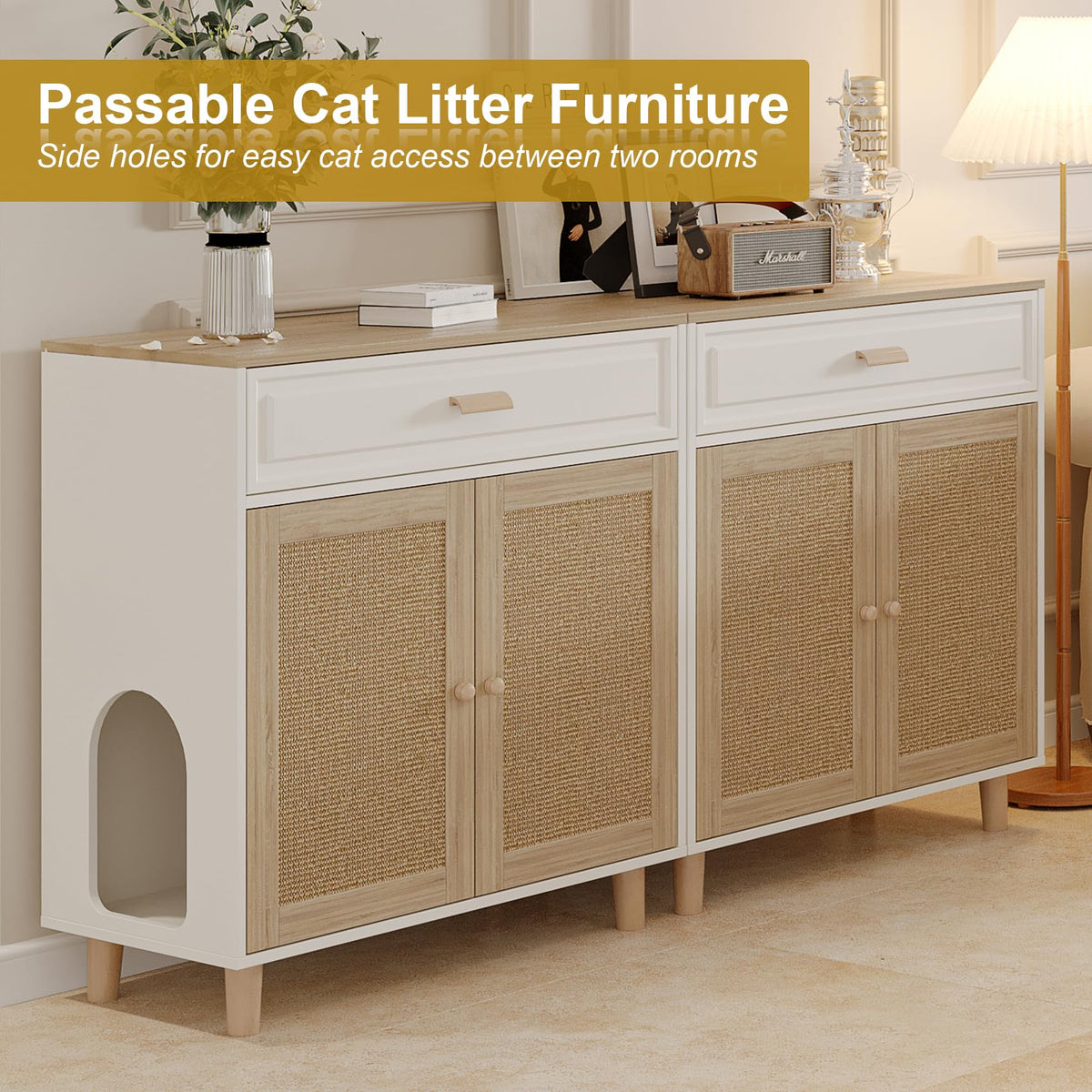 Cat Litter Box Enclosure Furniture Hidden Indoor 2-in-1 Wooden Cat & Washroom Cabinet with Scratching Board Doors and 3 Drawer for 2 Cats, 55"x20"x24"H