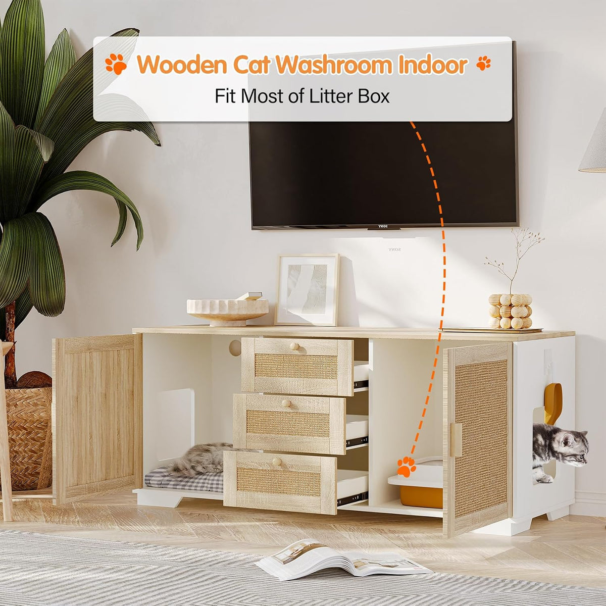 Cat Litter Box Enclosure Furniture Hidden Indoor 2-in-1 Wooden Cat & Washroom Cabinet with Scratching Board Doors and 3 Drawer for 2 Cats, 55"x20"x24"H