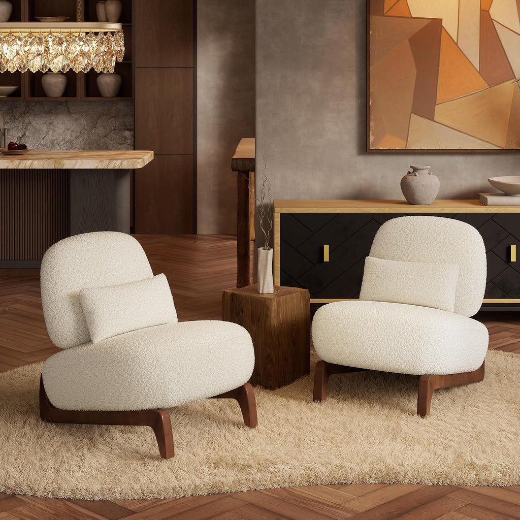 Morden Fort Boucle Chair, Upholstered Accent Chair Tilted Wooden Leg, White