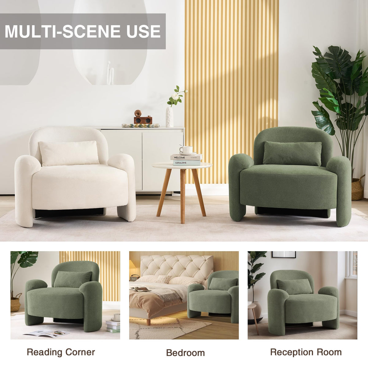 LOULENS Accent Chair Set of 2, Linen Fabric Lounge Armchair, Yellow
