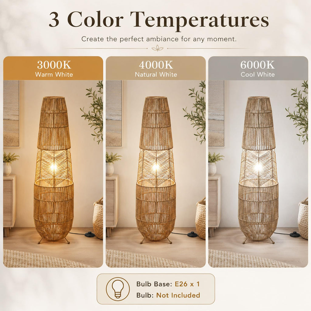 Boho Style Bamboo Woven Floor Lamp for Living Room, 36 in, Cozy Decor