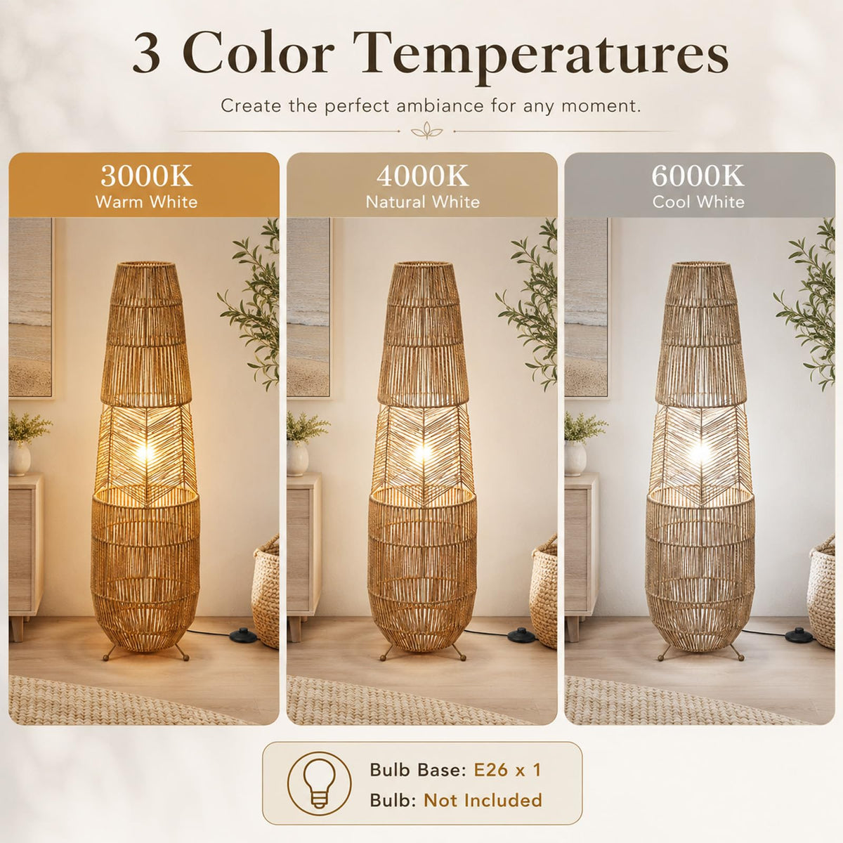 Boho Style Bamboo Woven Floor Lamp for Living Room, 36 in, Cozy Decor