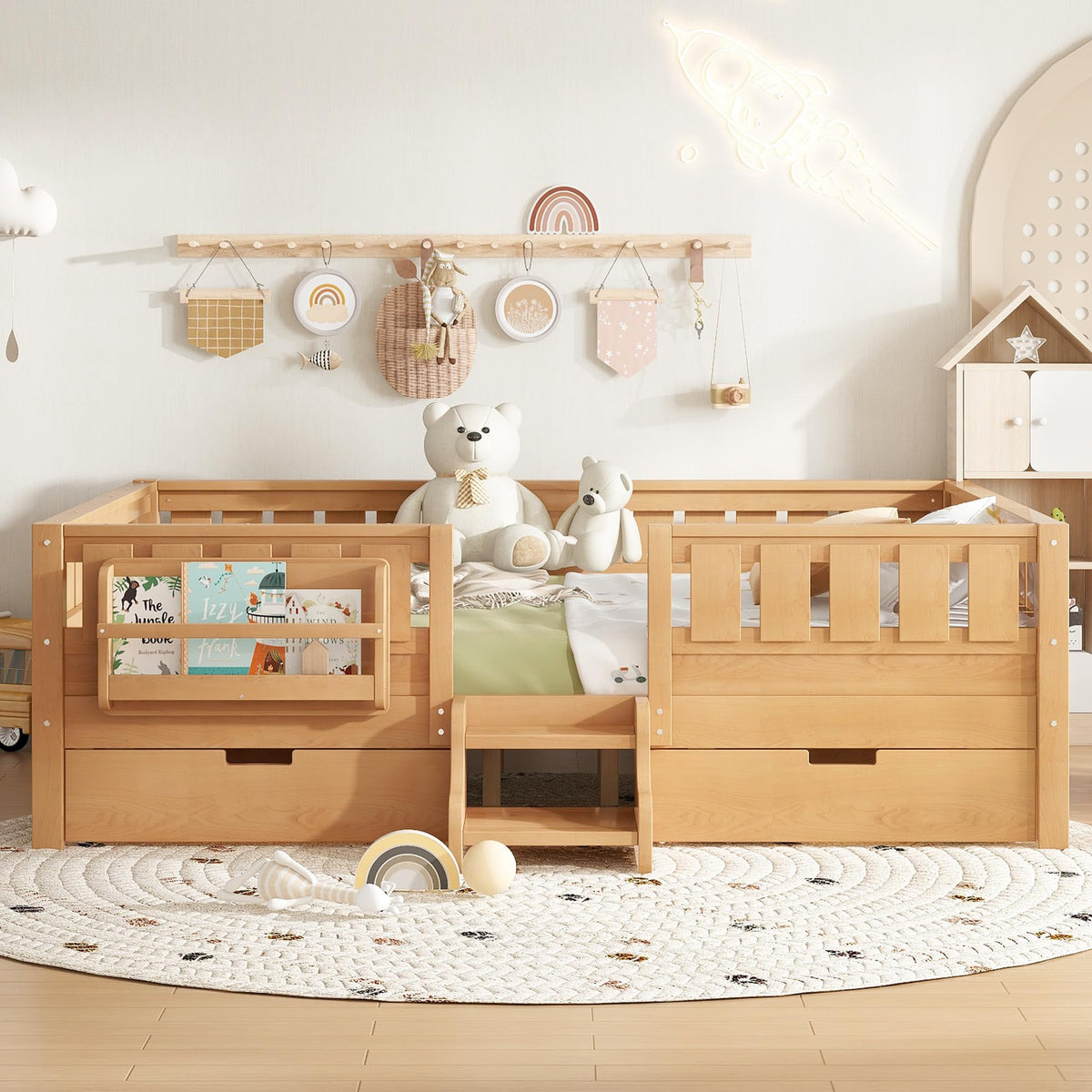 Montessori Bed with Stairs, Bookshelf & Storage Drawers