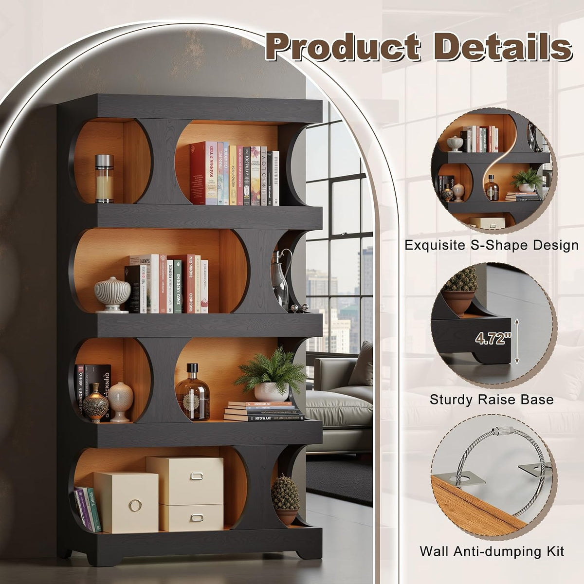 Bookcase Freestanding 71.3" Modern Book Case Display Shelf Tall Bookshelf with S-Shaped Pattern for Bedroom, Home Office, and Living Room, Black